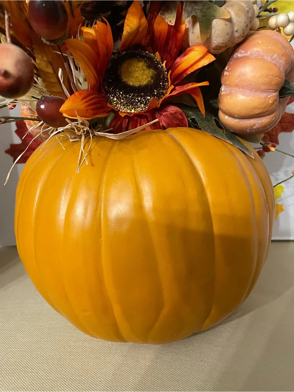 Custom handmade by Mel Autumn Pumpkin Floral Arrangement - 17” x 14” approx